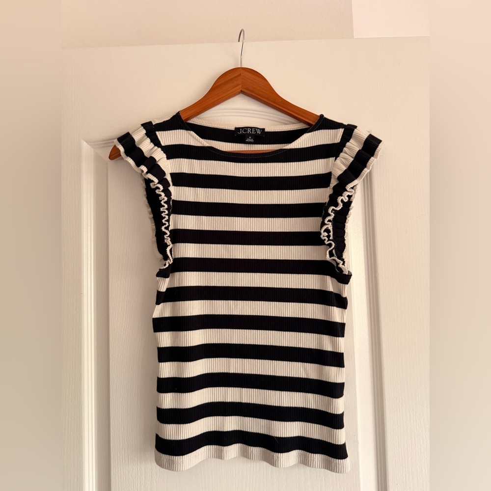 J. Crew Black & White Striped Ruffle Sleeve Tank
